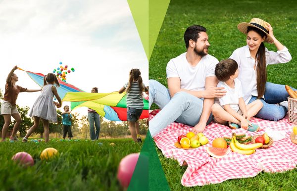 Split image showing kids playing with a colorful parachute and a family having a picnic on the grass.