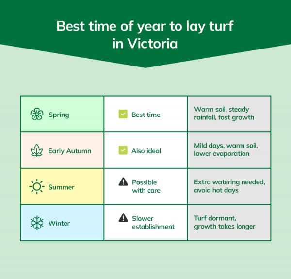Infographic showing the best times to lay turf in Victoria by season, with spring and early autumn marked ideal, summer possible with care, and winter slower.