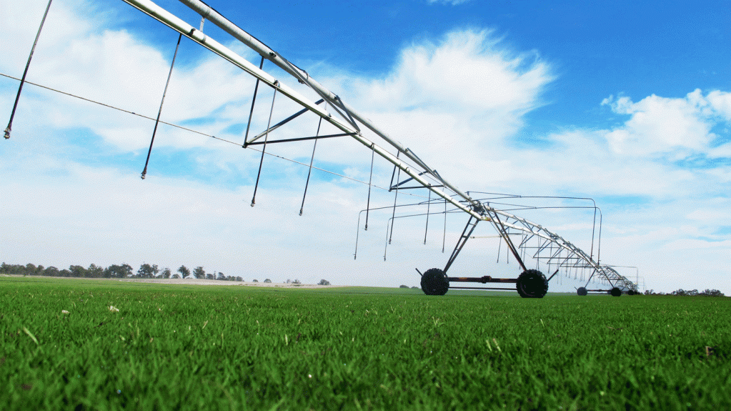 Large-Scale Center Pivot Irrigation System over a Lush Green Turf Farm
