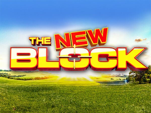 The Block logo in bold red and yellow lettering with a target crosshair over the “O”, set against a sunny rural landscape background.