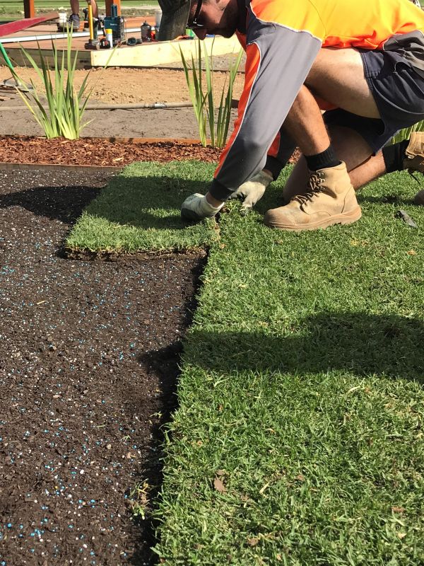 Tradesman in hi-vis gear laying fresh green lawn turf over fertilised soil on an Australian construction site.