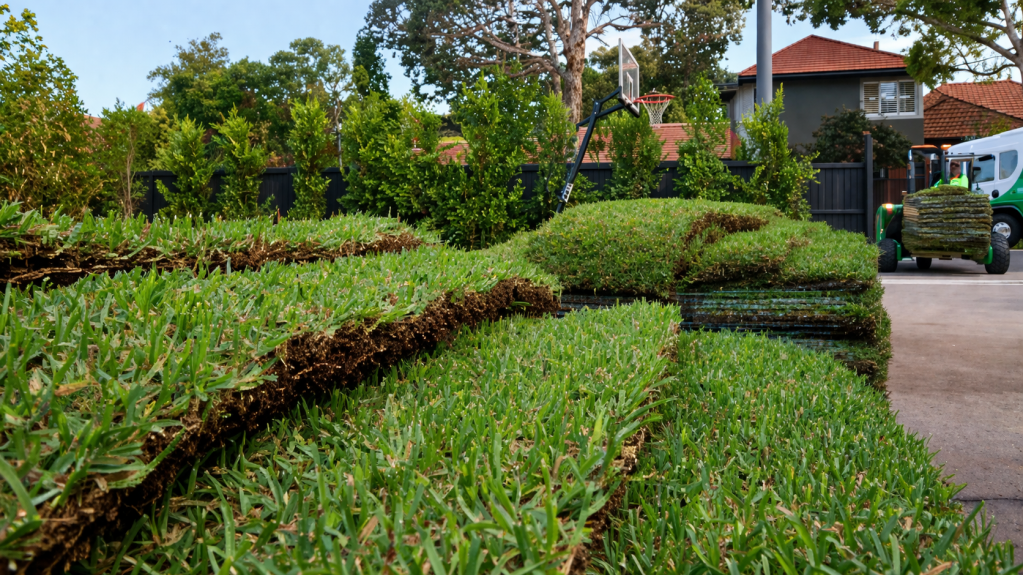 A close-up view of multiple stacks of fresh green turf rolls ready for installation.