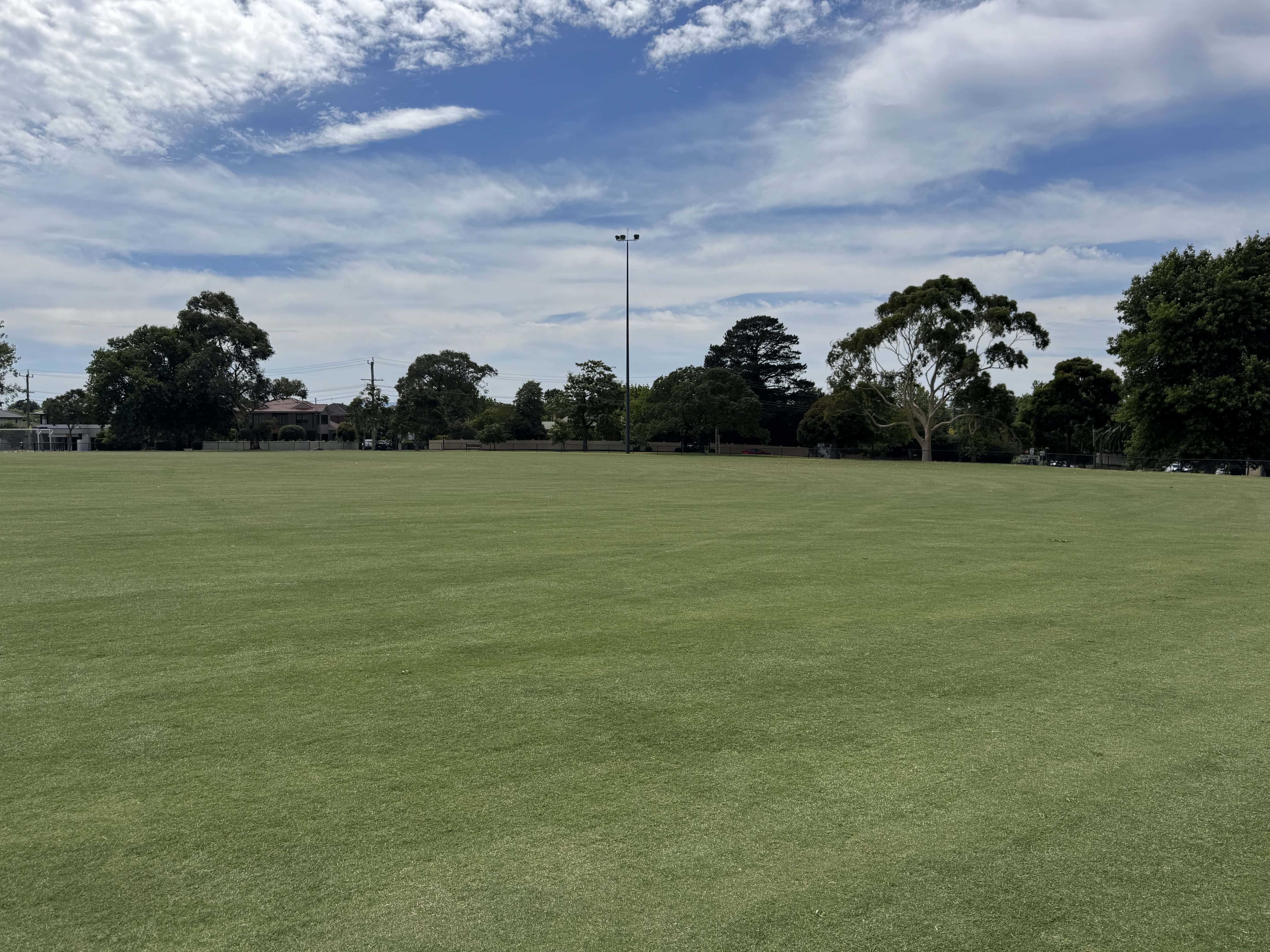 Completed sports field with trees and cloudy sky