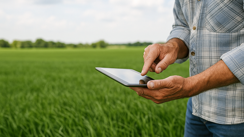 Close-up of a person’s hands using a tablet in a lush green field, with the horizon and cloudy sky in the background.