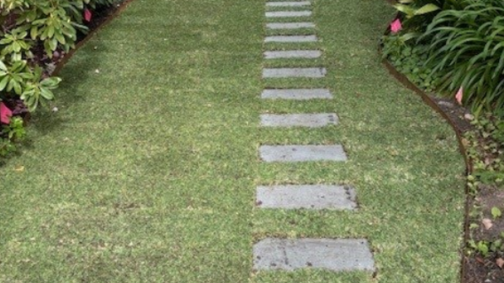 Stepping stone pathway set into freshly installed Sir Walter DNA Certified Buffalo lawn at a Malvern home, bordered by established garden beds and mature trees.
