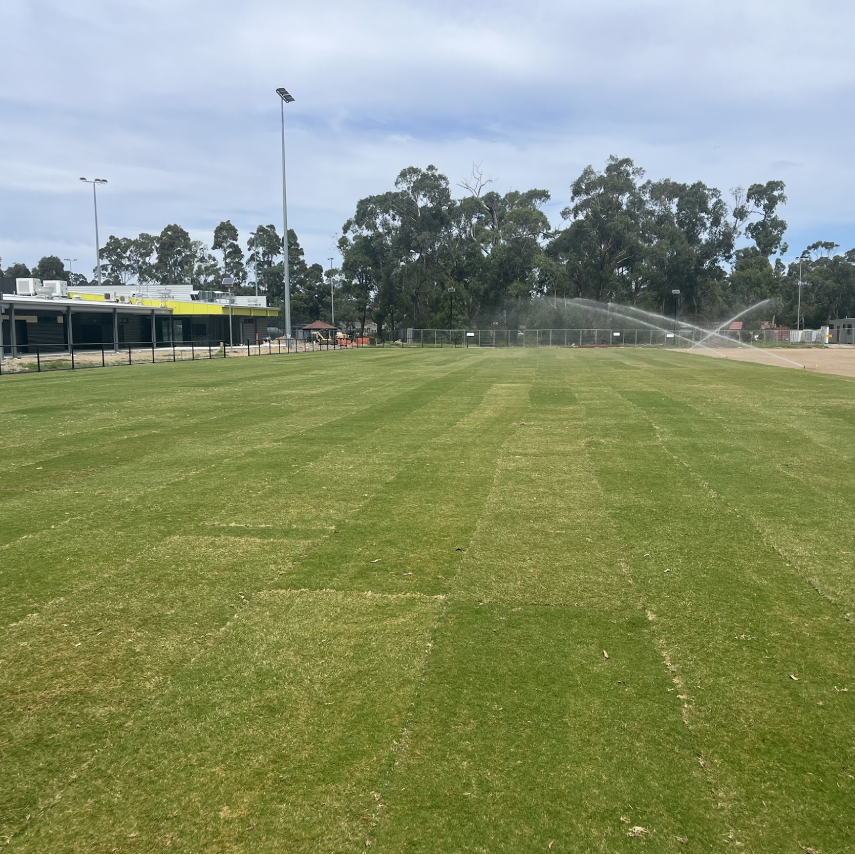Completed sports field with green grass, grandstand, floodlights, and sprinkler irrigation system running.