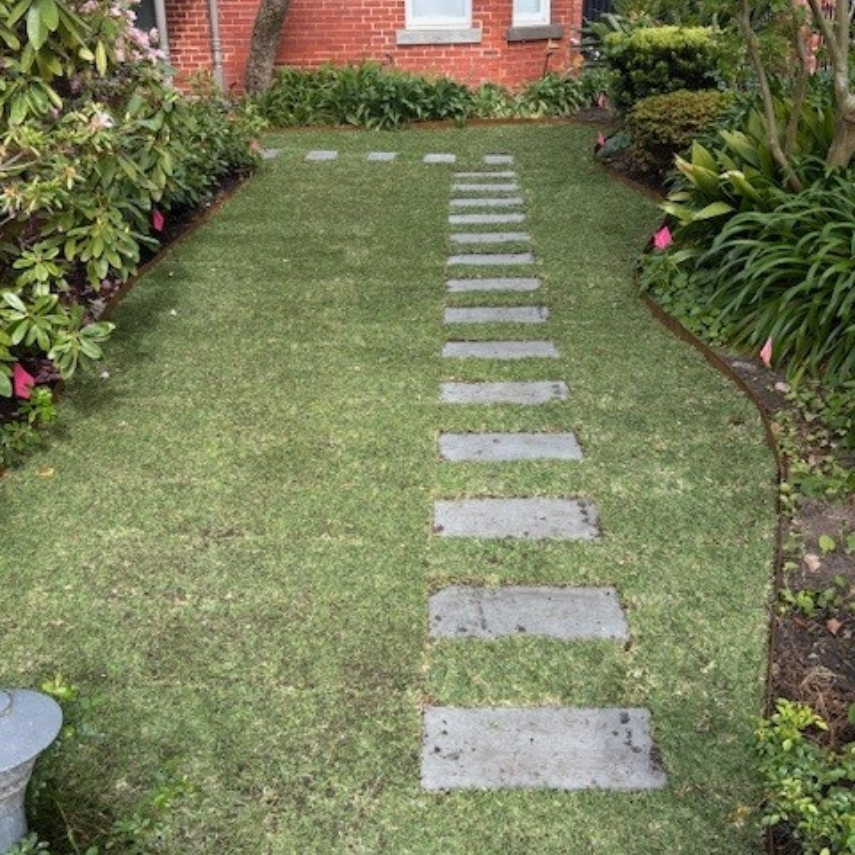 Rectangular stepping stones set into lawn between garden borders
