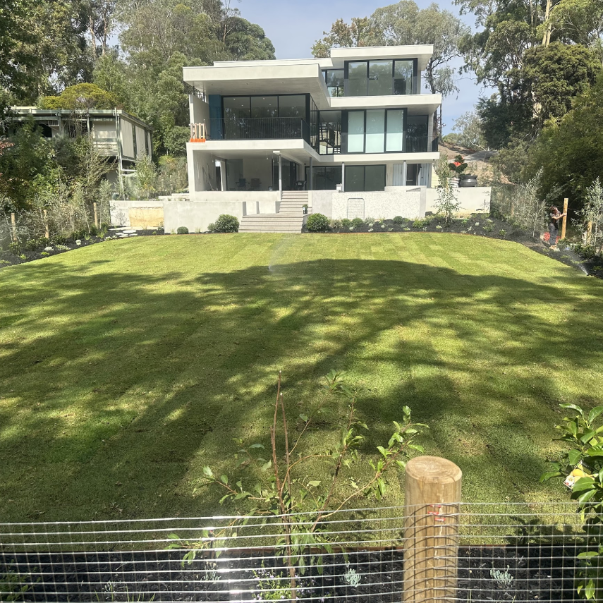 Modern home overlooking a wide landscaped backyard lawn
