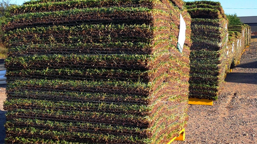 Paddocks of premium Lilydale Instant Turf stacked together neatly. 