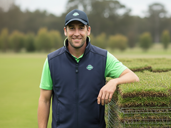 A man in a navy vest, green polo shirt, and baseball cap leaning against a large pallet of fresh turf on a grass field.