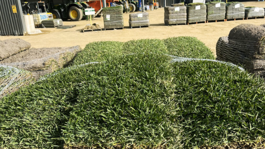 Pallets of fresh green sod rolls stacked in an outdoor yard with tractors and a warehouse in the background.