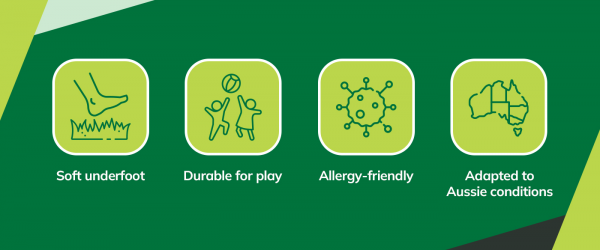 Graphic showing four lawn benefits: soft underfoot, durable for play, allergy-friendly, and adapted to Australian conditions.