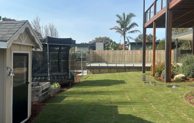 Mt Eliza property after a pool renovation, featuring freshly laid TifTuf Bermuda turf.