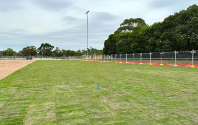 New Eureka Premium VG Kikuyu turf installation at Peppercorn Park sports field.