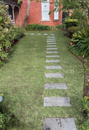 Stone stepping path across newly laid lawn, bordered by garden beds, leading to a red brick house.