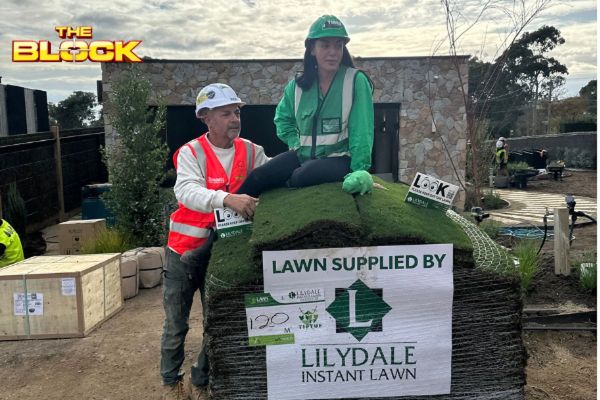 Lilydale Instant Lawn signage on 120m² of TifTuf delivered, The Block 2026.